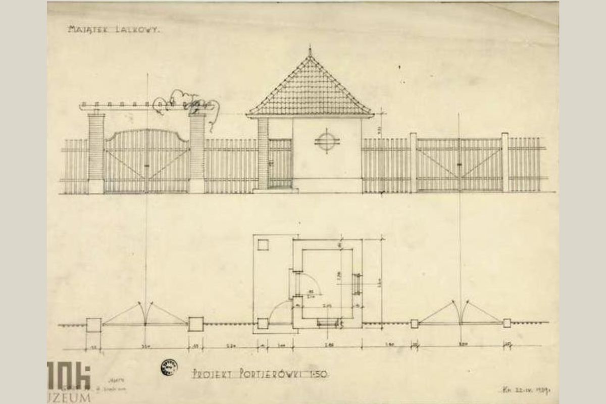 Projekt stróżówki, widok budynku, obu bram i parkanu oraz rzut poziomy, 1939 r. (MNK III-PL.-7542)